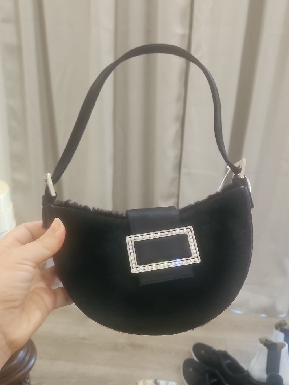 Stuart Weitzman Black Faux Fur Crescent  Bag with Crystal Buckle